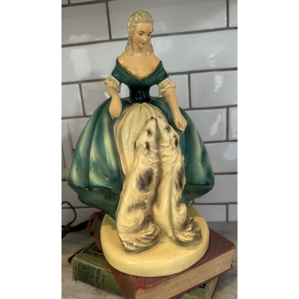 Vintage BORZOI Chalkware Lady Lamp Germany dog figurine WORKS 1950s